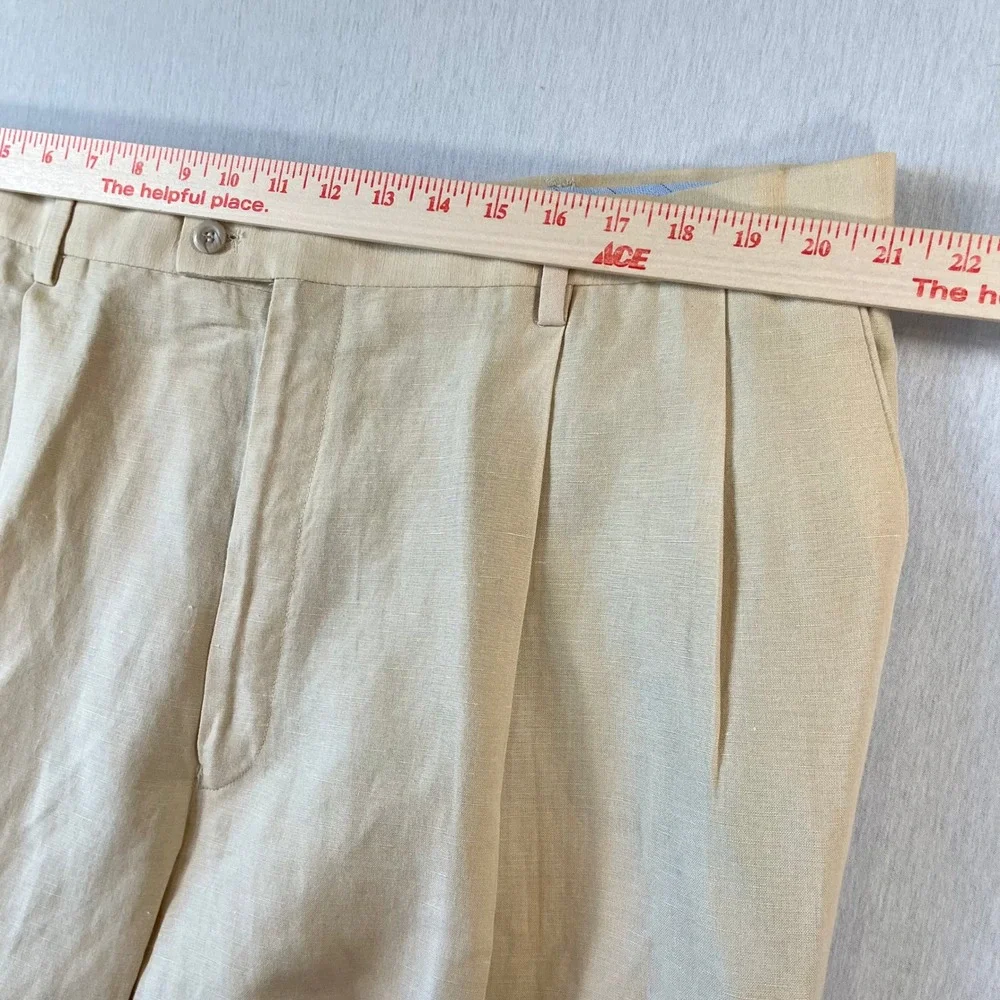 Louis Raphael Rosso Dress Pants Men 42x30 (Fit 42x29) Pleated Linen Cream Cuffed